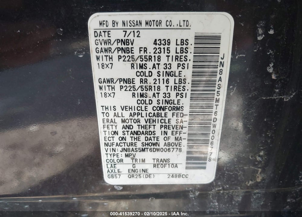 2013 NISSAN ROGUE VIN: JN8AS5MT6DW006778