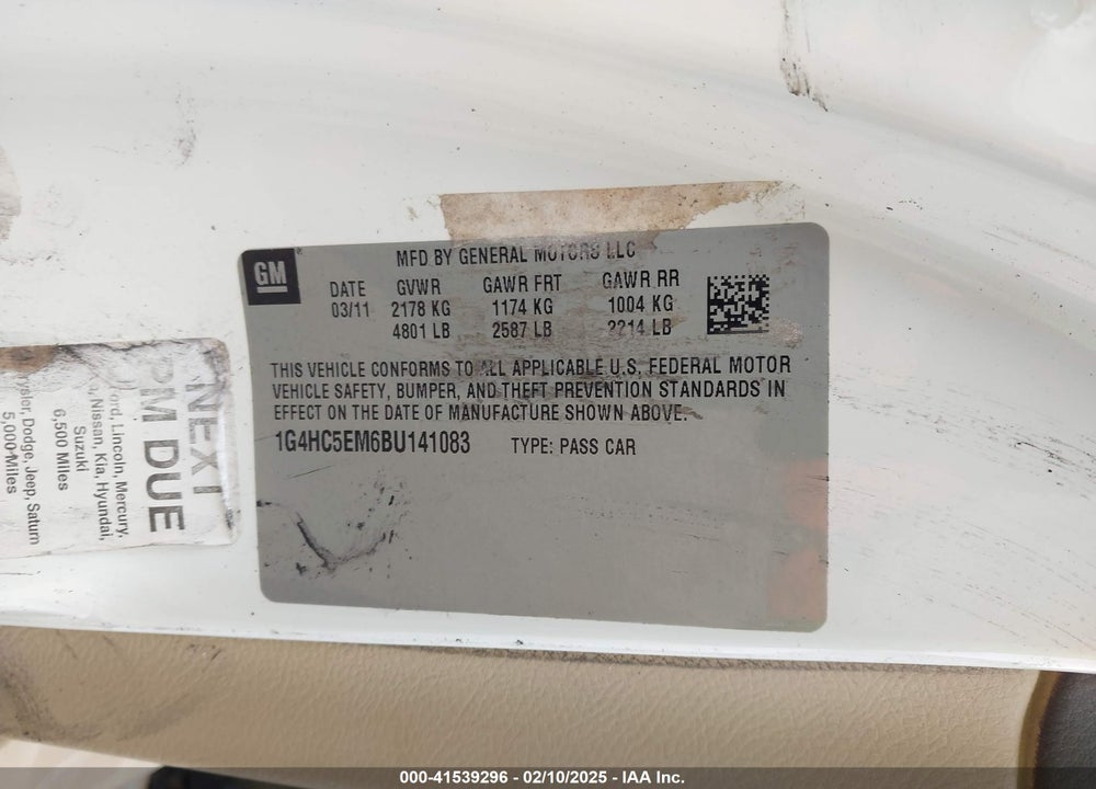 2011 BUICK LUCERNE VIN: 1G4HC5EM6BU141083