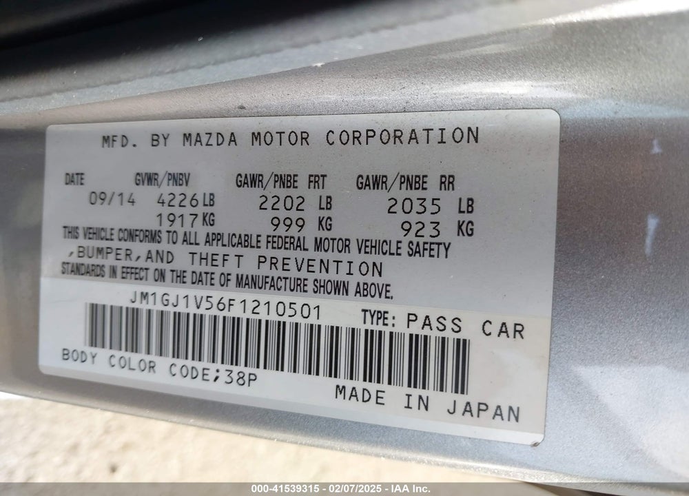 2015 MAZDA MAZDA6 VIN: JM1GJ1V56F1210501