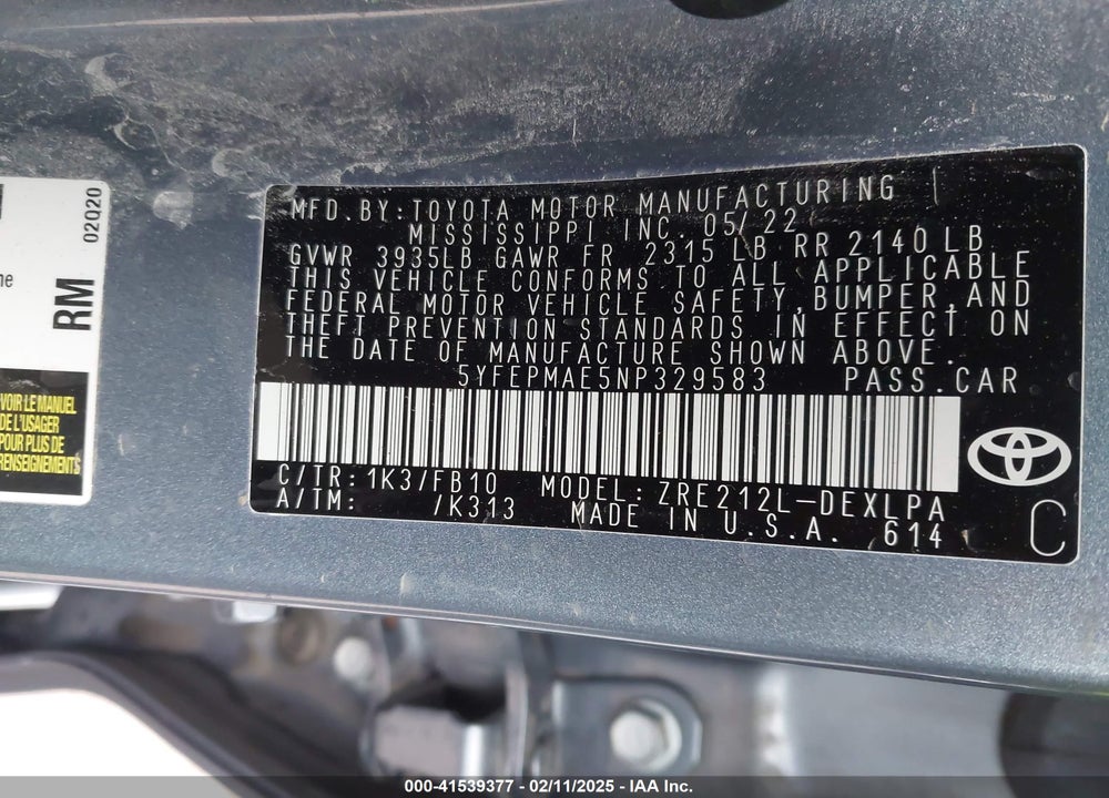 2022 TOYOTA COROLLA VIN: 5YFEPMAE5NP329583