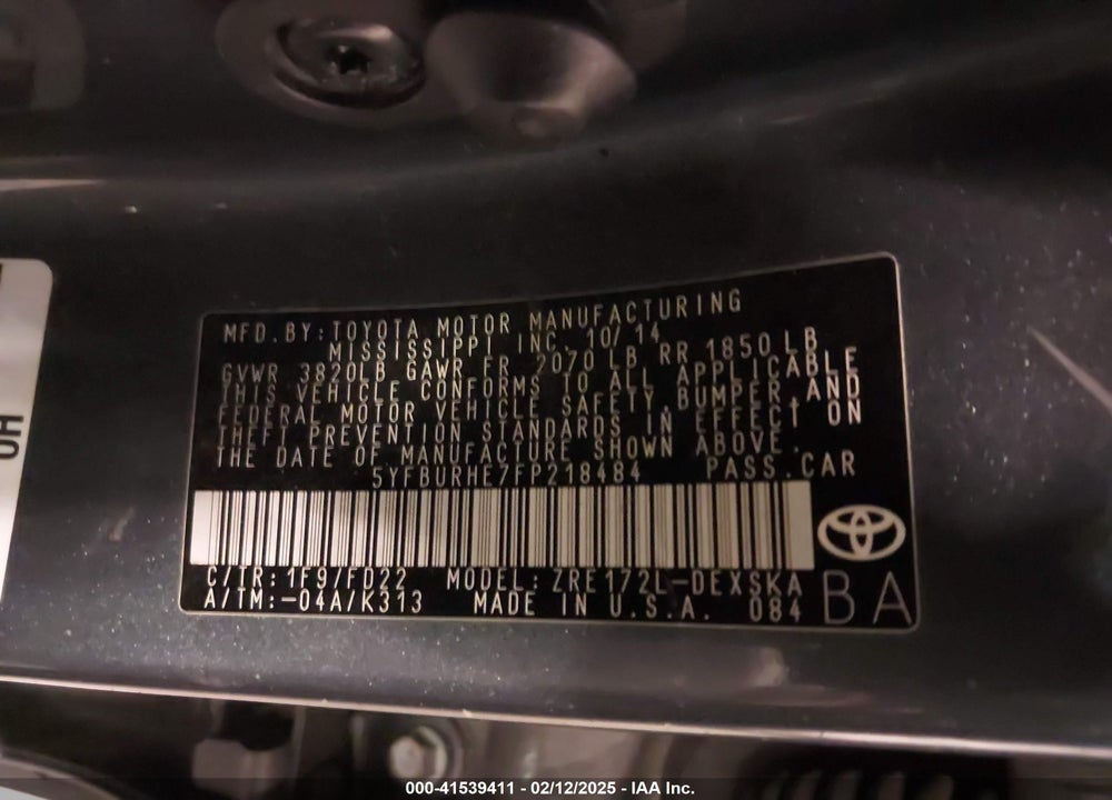 2015 TOYOTA COROLLA VIN: 5YFBURHE7FP218484