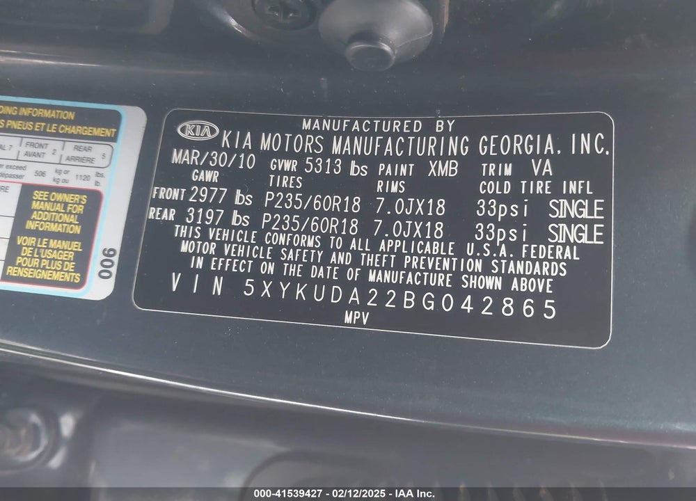2011 KIA SORENTO EX V6 VIN: 5XYKUDA22BG042865