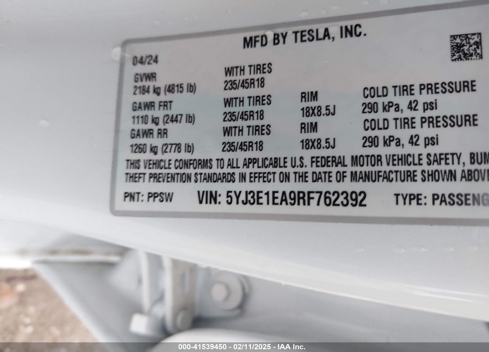 2024 TESLA MODEL 3 VIN: 5YJ3E1EA9RF762392
