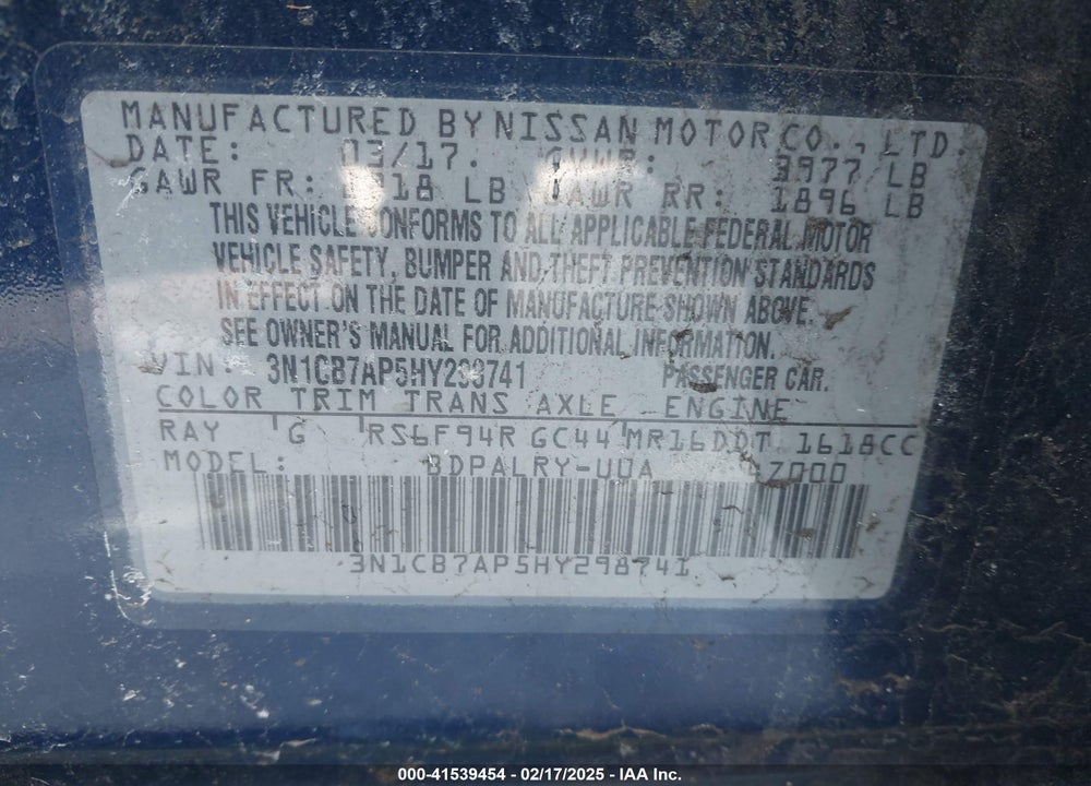 2017 NISSAN SENTRA VIN: 3N1CB7AP5HY298741