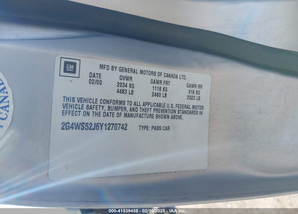 2000 BUICK CENTURY CUSTOM VIN: 2G4WS52J6Y1270742