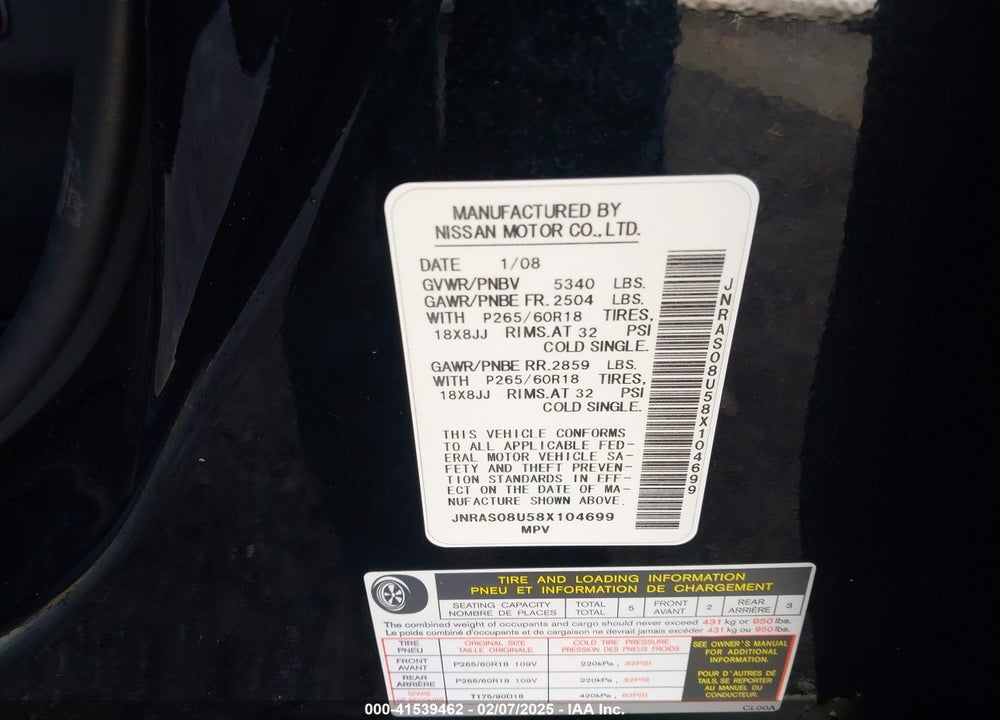 2008 INFINITI FX35 VIN: JNRAS08U58X104699