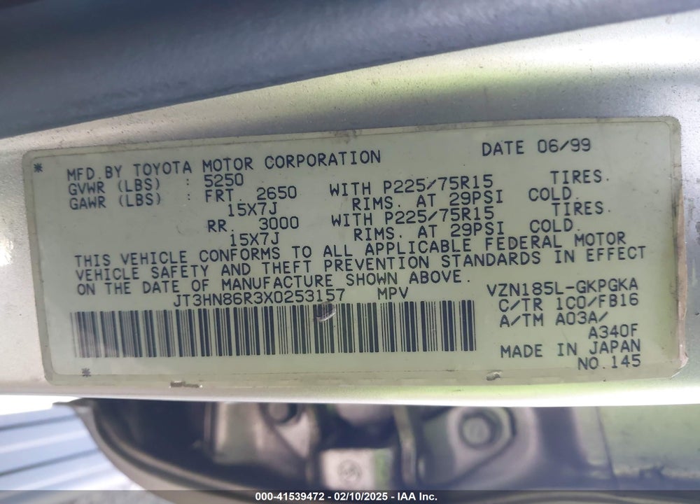 1999 TOYOTA 4RUNNER VIN: JT3HN86R3X0253157