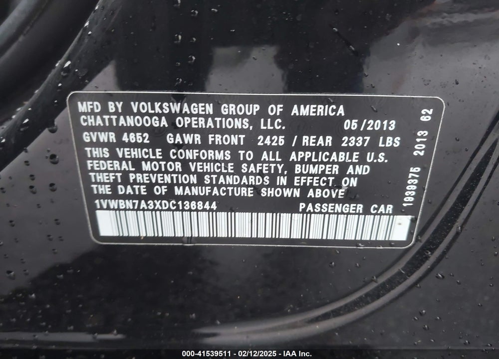 2013 VOLKSWAGEN PASSAT VIN: 1VWBN7A3XDC136844