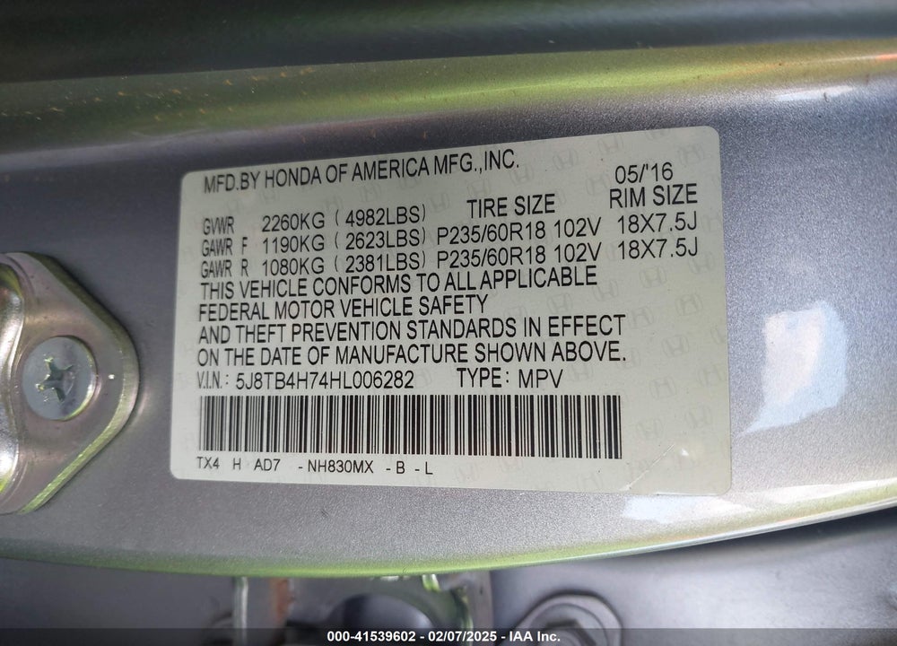 2017 ACURA RDX VIN: 5J8TB4H74HL006282