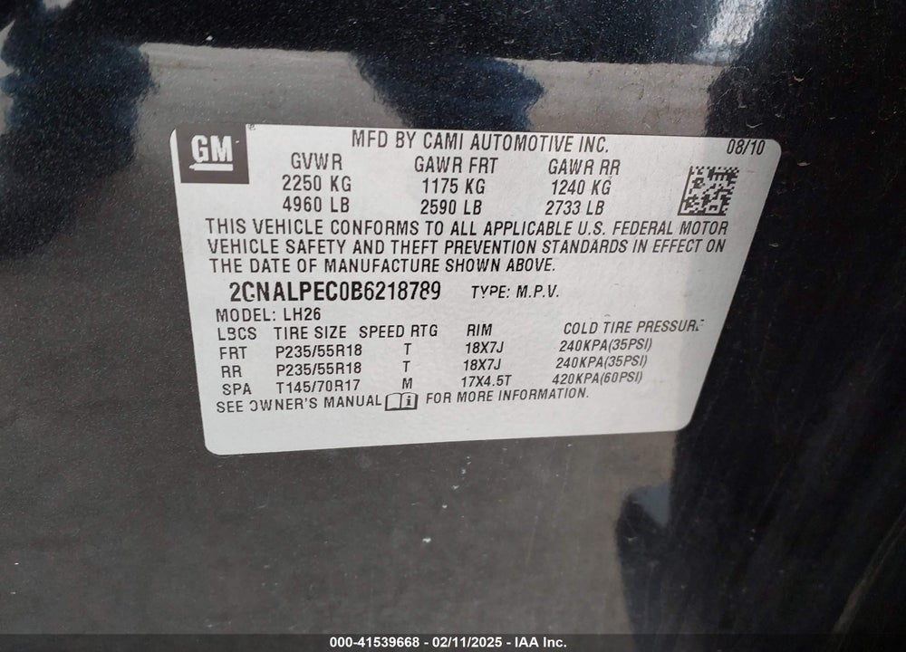 2011 CHEVROLET EQUINOX 2LT VIN: 2CNALPEC0B6218789