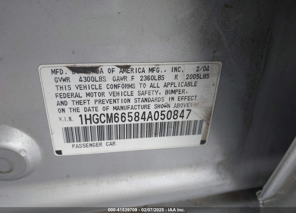2004 HONDA ACCORD 3.0 EX VIN: 1HGCM66584A050847