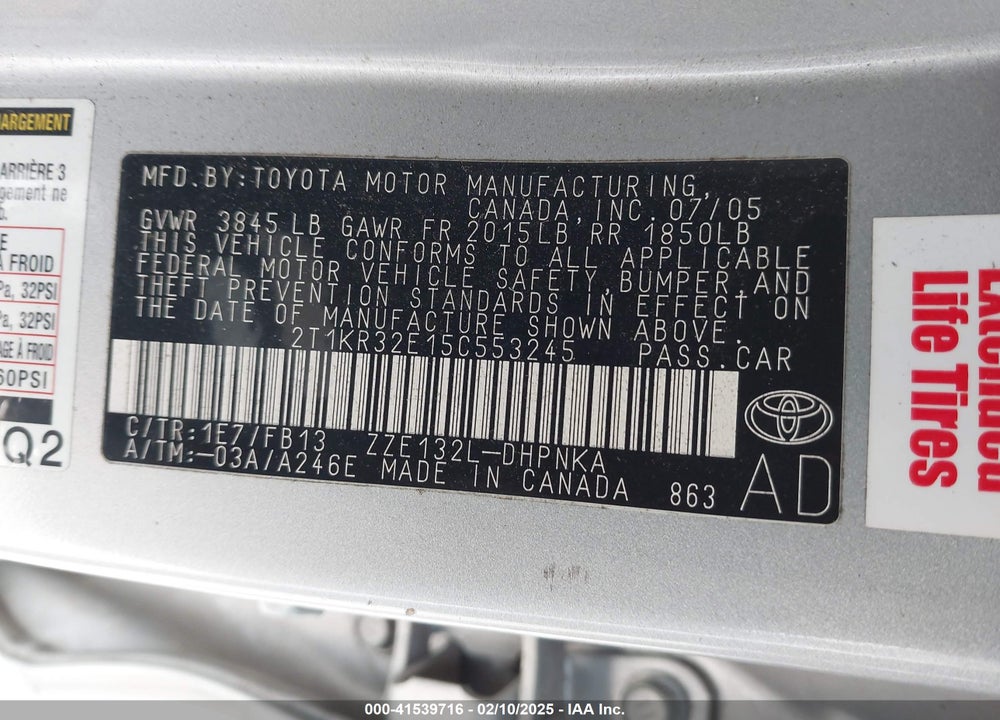 2005 TOYOTA MATRIX/XR VIN: 2T1KR32E15C553245
