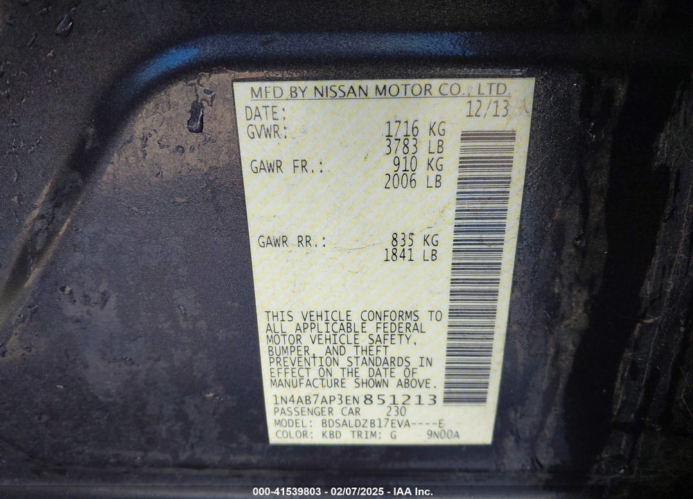2014 NISSAN SENTRA SV VIN: 1N4AB7AP3EN851213