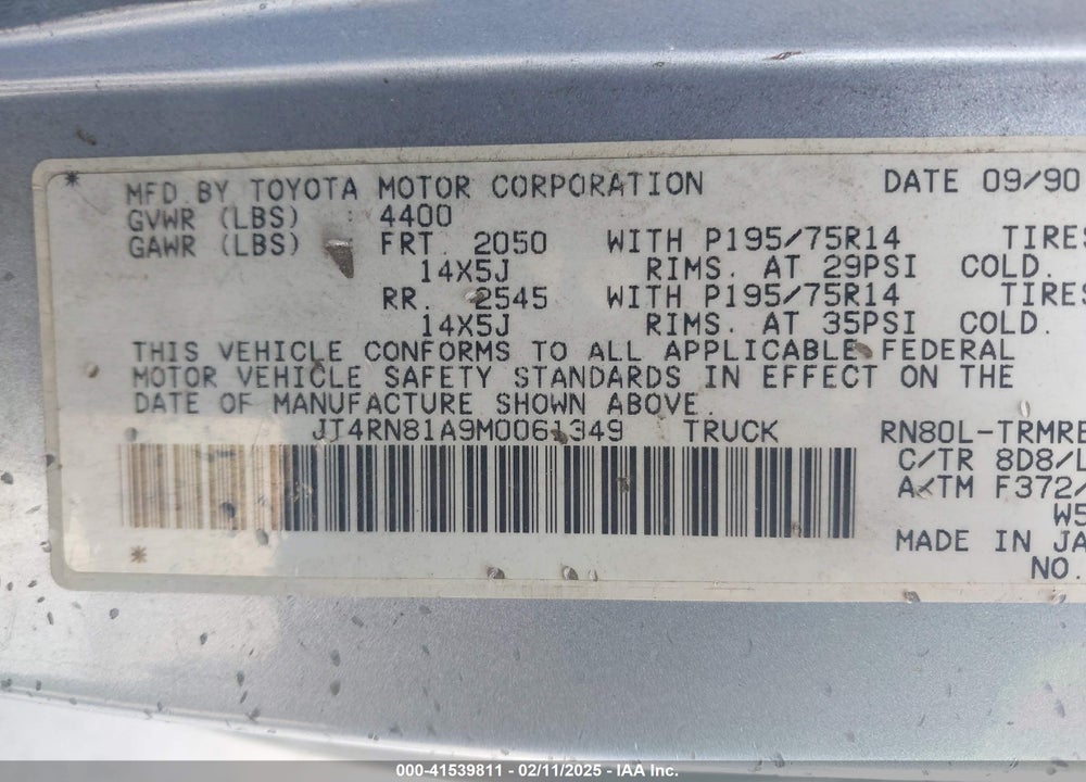 1991 TOYOTA PICKUP 1/2 TON SHORT WHEELBASE VIN: JT4RN81A9M0061349