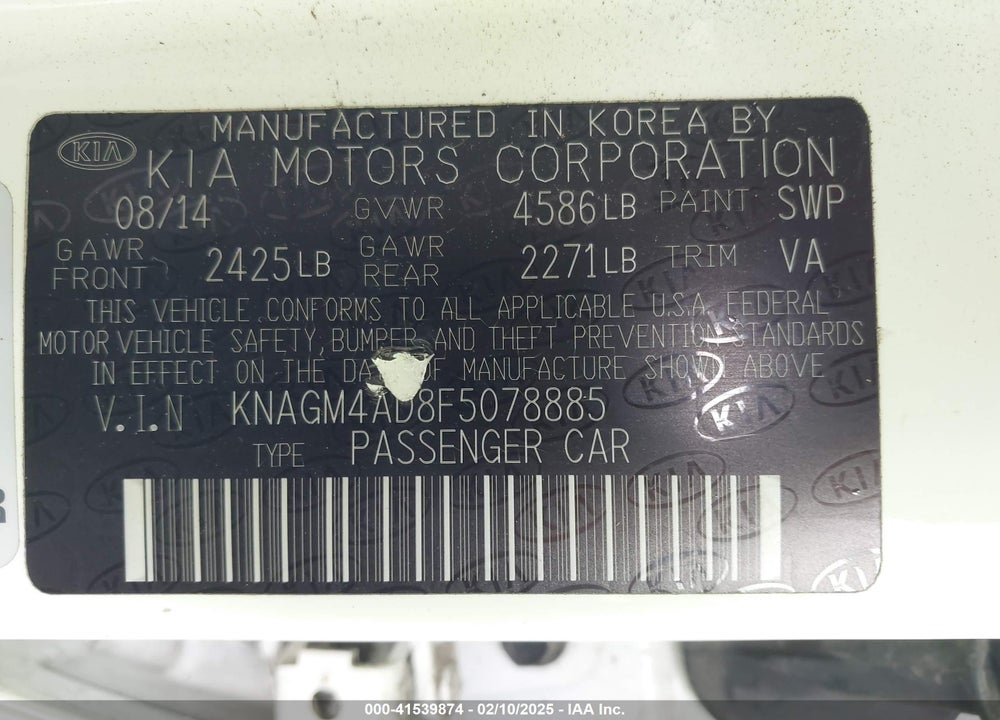 2015 KIA OPTIMA HYBRID VIN: KNAGM4AD8F5078885