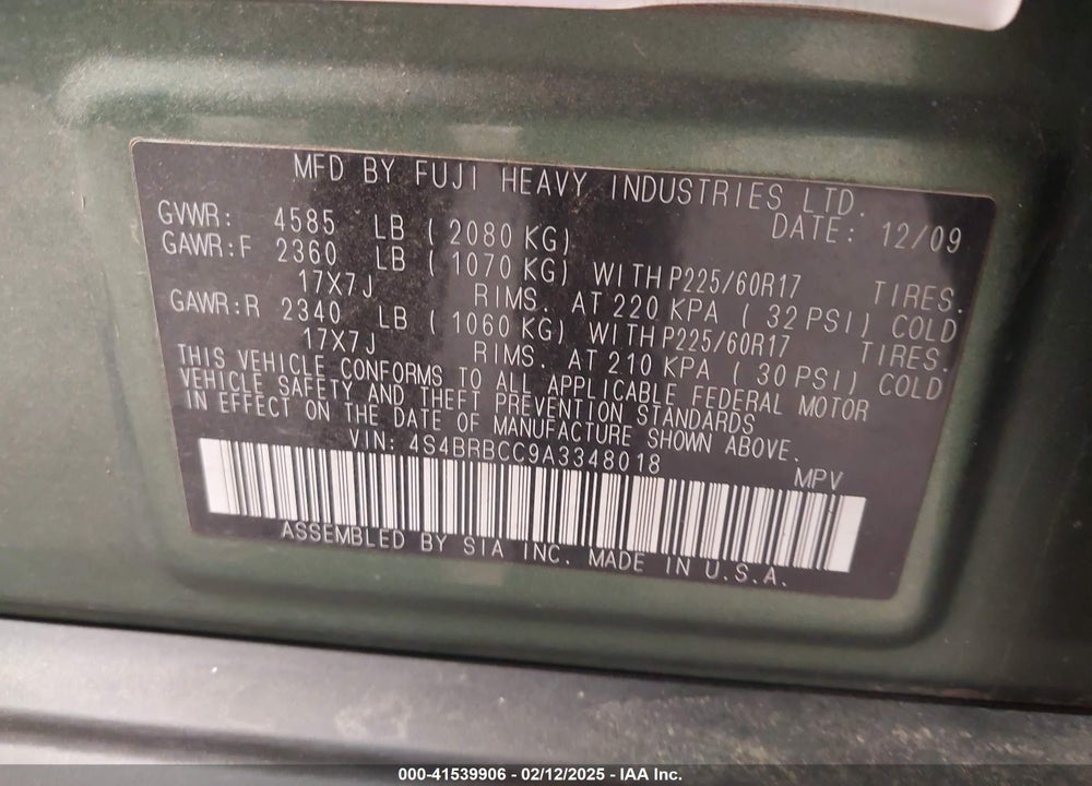 2010 SUBARU OUTBACK 2.5I PREMIUM VIN: 4S4BRBCC9A3348018