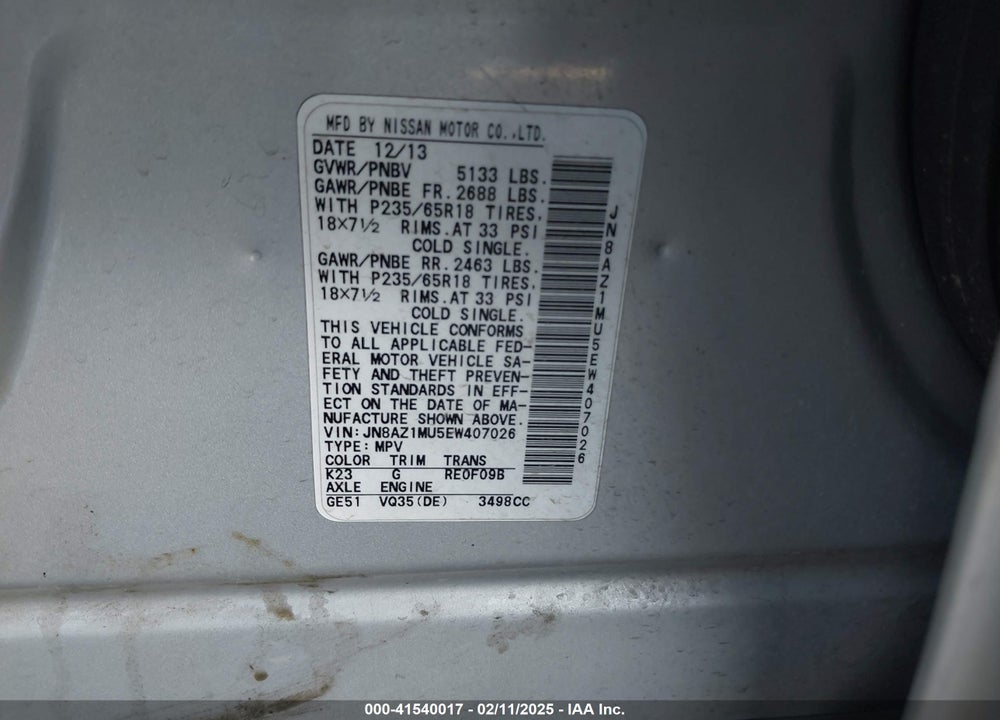 2014 NISSAN MURANO VIN: JN8AZ1MU5EW407026