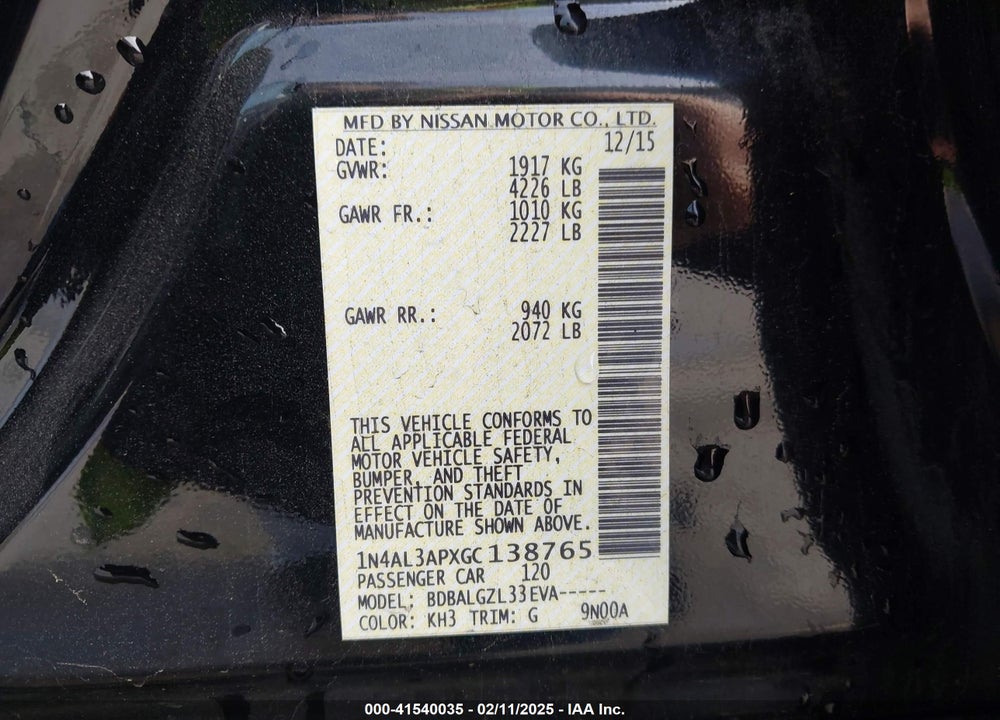 2016 NISSAN ALTIMA VIN: 1N4AL3APXGC138765