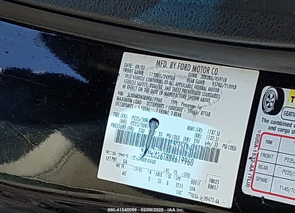 2008 LINCOLN MKZ VIN: 3LNHM26T88R619960