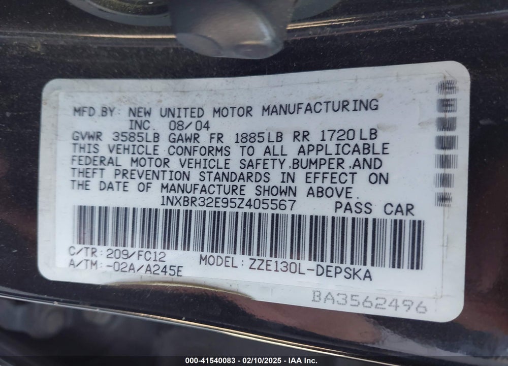 2005 TOYOTA COROLLA S VIN: 1NXBR32E95Z405567