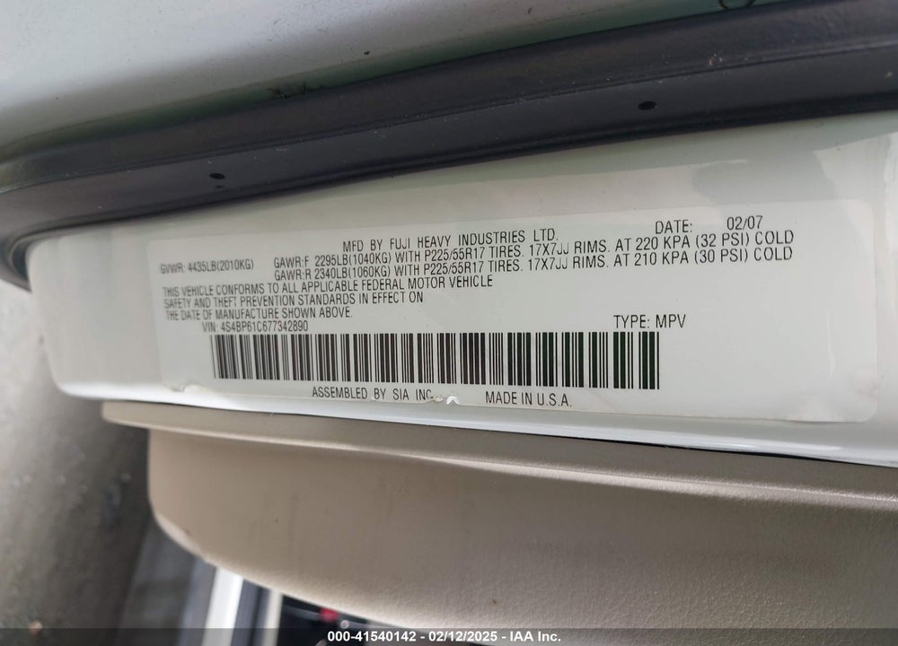 2007 SUBARU OUTBACK 2.5I/2.5I BASIC/2.5I L.L. BEAN EDITION VIN: 4S4BP61C677342890