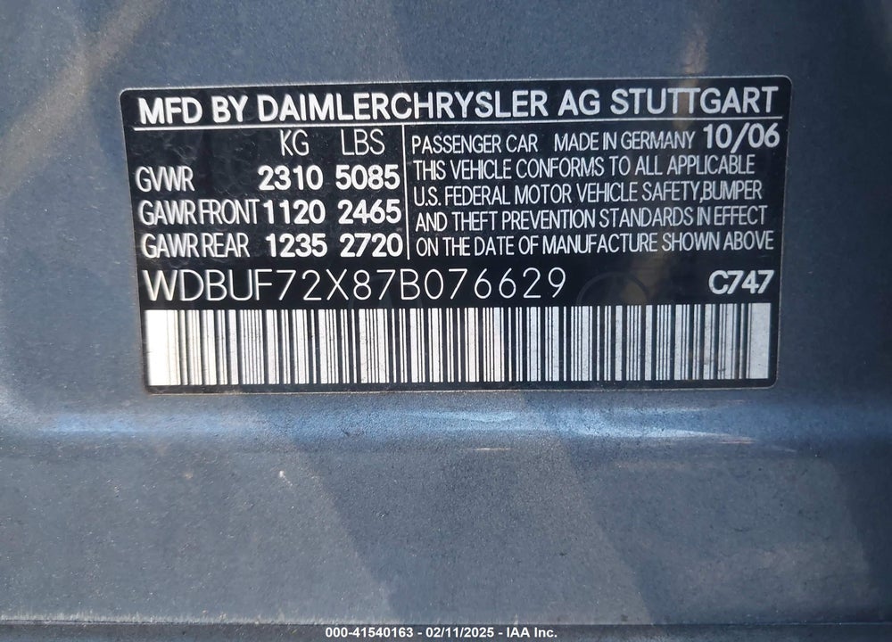 2007 MERCEDES-BENZ E 550 VIN: WDBUF72X87B076629