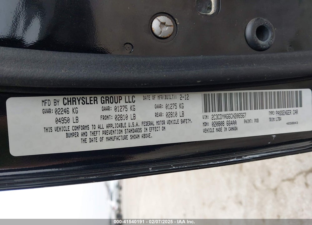 2012 DODGE CHALLENGER SXT VIN: 2C3CDYAG6CH206567