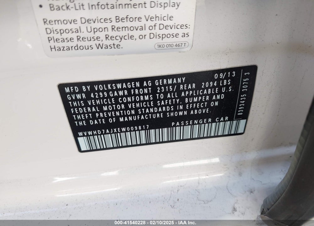 2014 VOLKSWAGEN GTI VIN: WVWHD7AJXEW009817