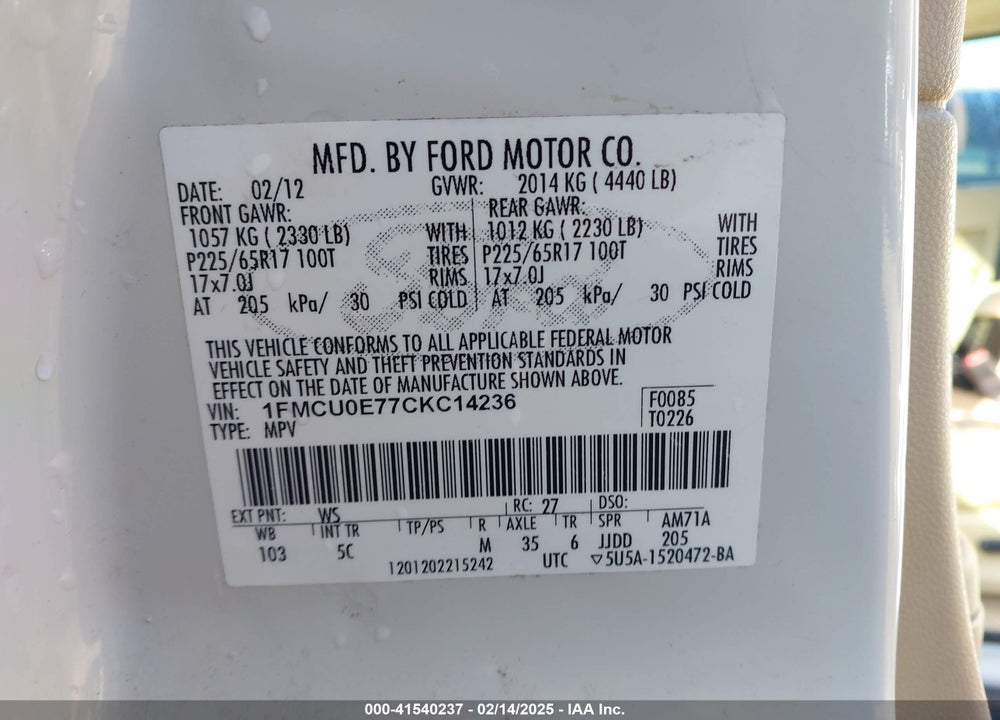 2012 FORD ESCAPE LIMITED VIN: 1FMCU0E77CKC14236