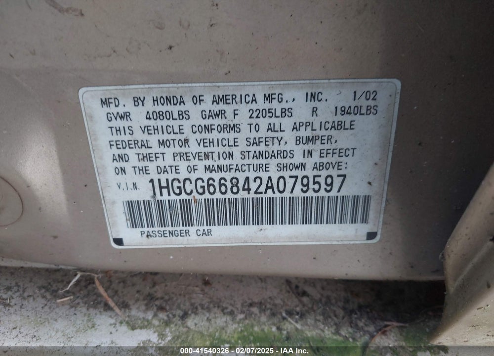 2002 HONDA ACCORD VIN: 1HGCG66842A079597