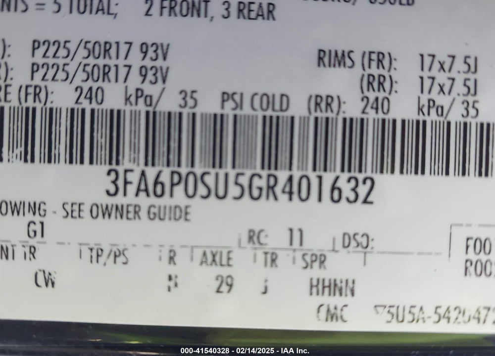2016 FORD FUSION ENERGI TITANIUM VIN: 3FA6P0SU5GR401632
