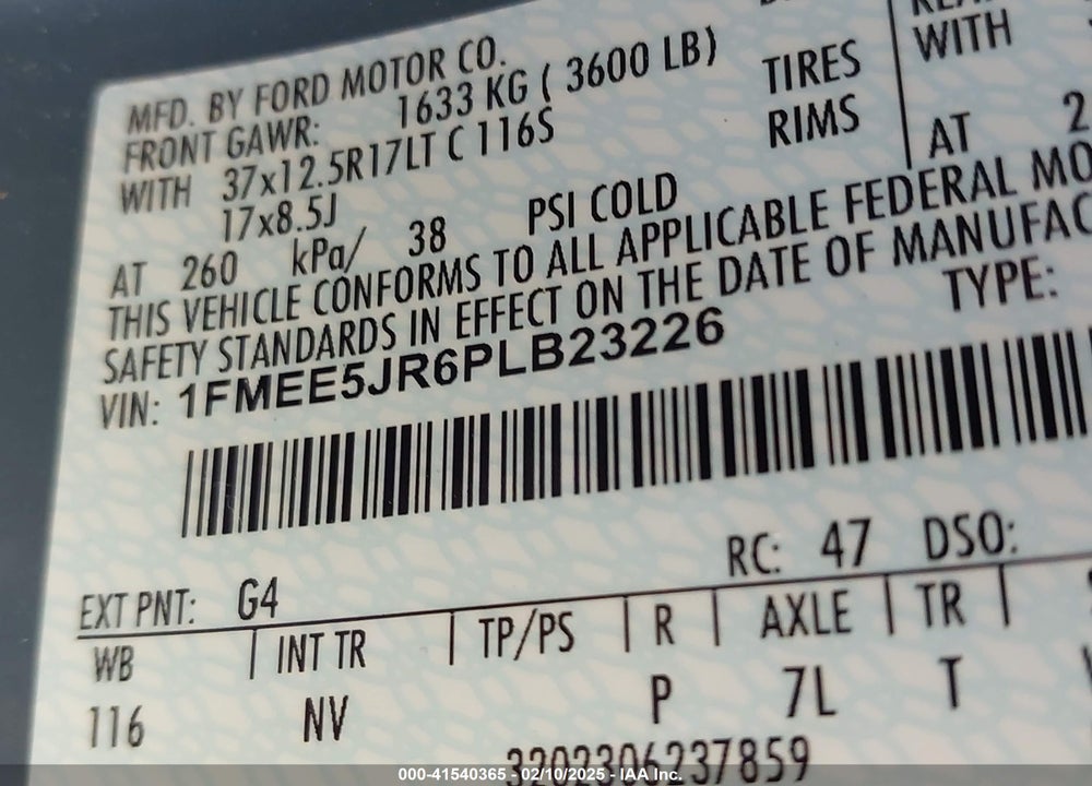 2023 FORD BRONCO VIN: 1FMEE5JR6PLB23226