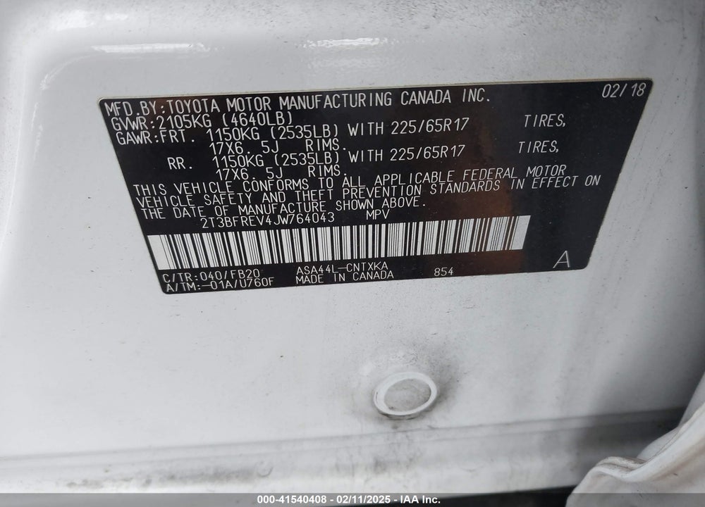 2018 TOYOTA RAV4 LE VIN: 2T3BFREV4JW764043