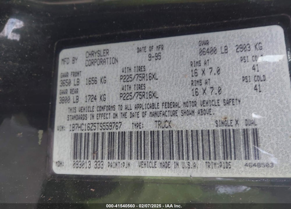 1996 DODGE RAM 1500 VIN: 1B7HC16Z5TS559767