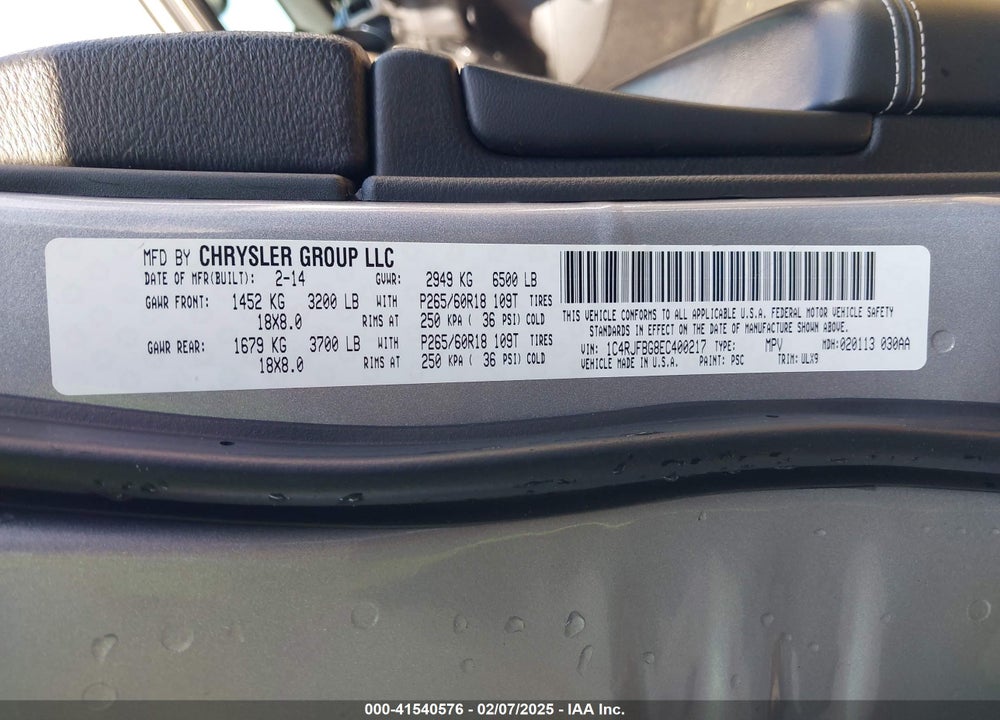 2014 JEEP GRAND CHEROKEE LIMITED VIN: 1C4RJFBG8EC400217