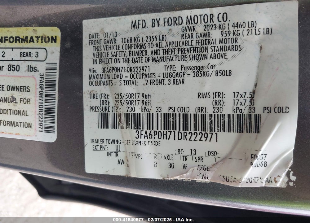2013 FORD FUSION SE VIN: 3FA6P0H71DR222971