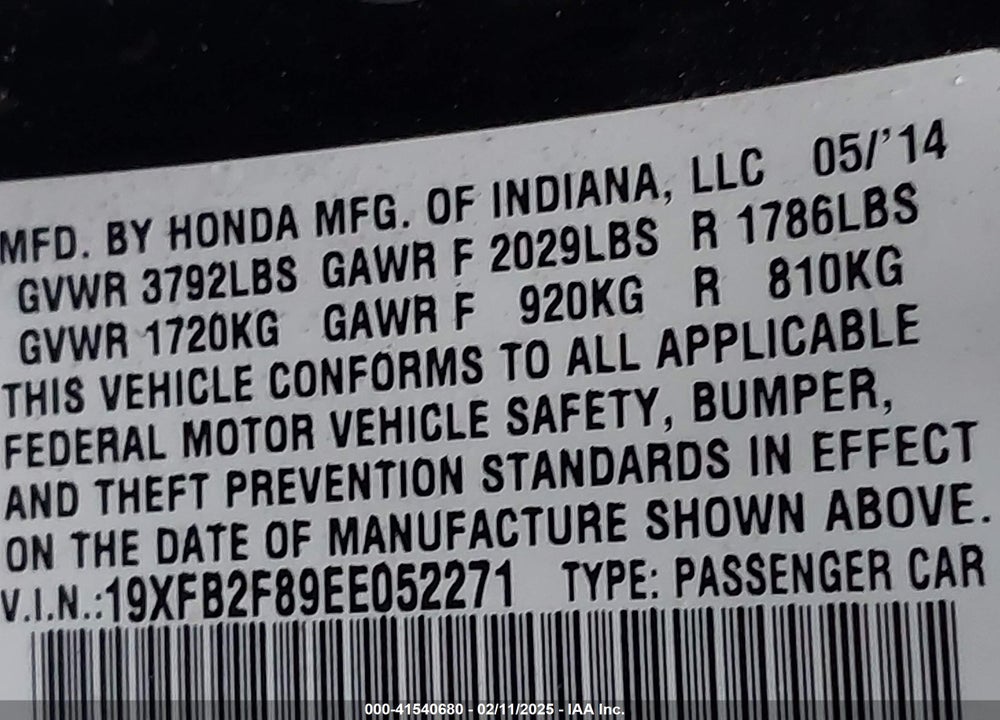 2014 HONDA CIVIC VIN: 19XFB2F89EE052271