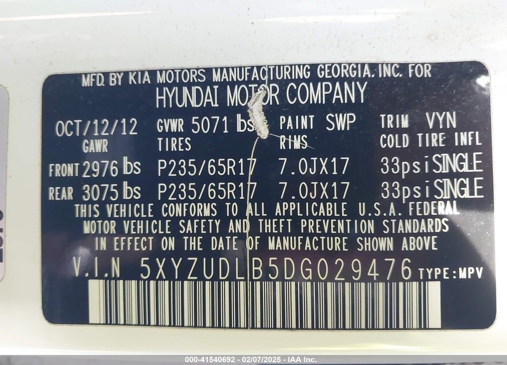 2013 HYUNDAI SANTA FE SPORT VIN: 5XYZUDLB5DG029476