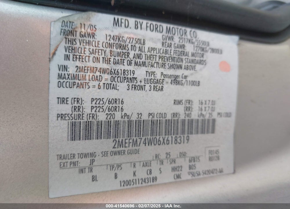 2006 MERCURY GRAND MARQUIS VIN: 2MEFM74W06X618319