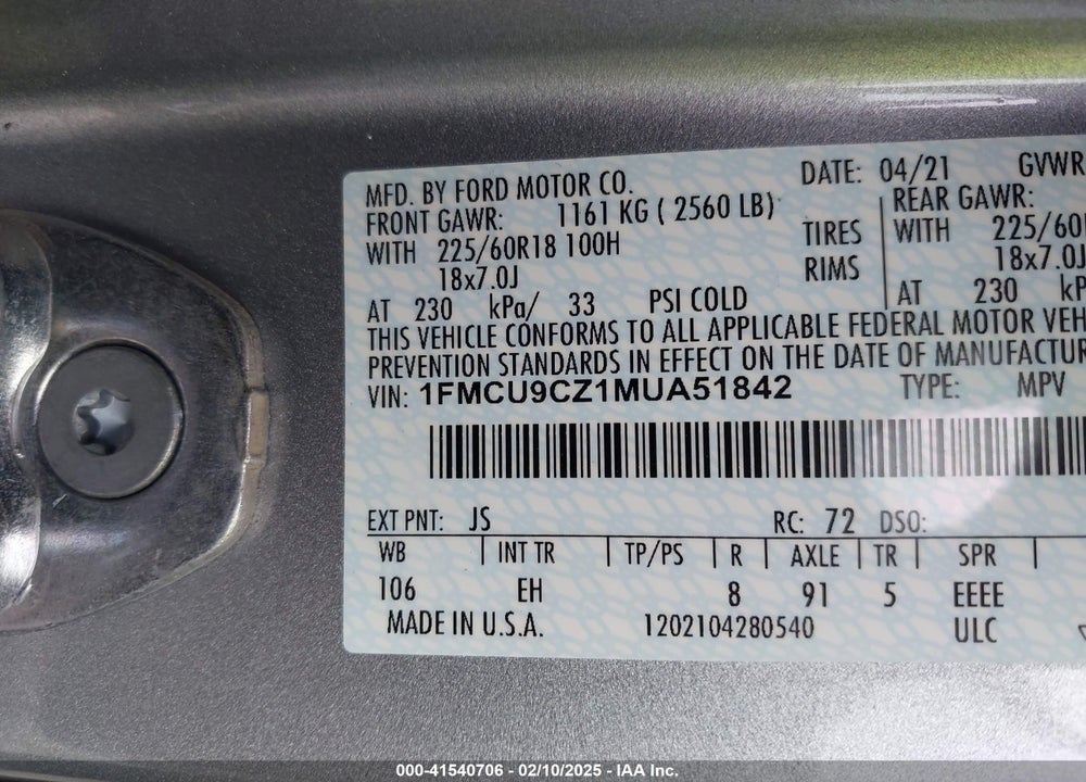 2021 FORD ESCAPE VIN: 1FMCU9CZ1MUA51842