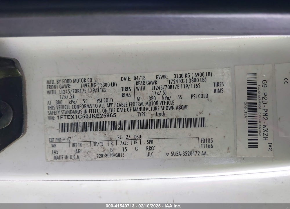 2018 FORD F-150 XL VIN: 1FTEX1C50JKE25965