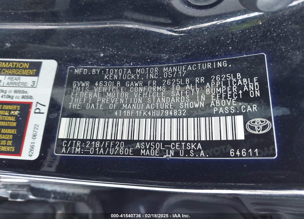 2017 TOYOTA CAMRY SE VIN: 4T1BF1FK4HU794832