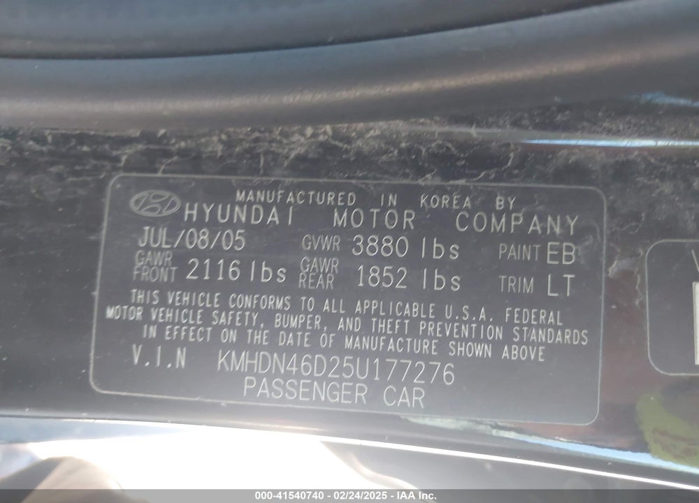 2005 HYUNDAI ELANTRA GLS/GT VIN: KMHDN46D25U177276