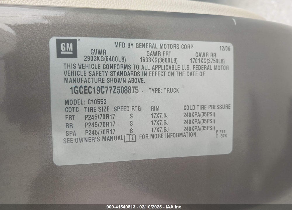 2007 CHEVROLET SILVERADO 1500 LT1 VIN: 1GCEC19C77Z508875