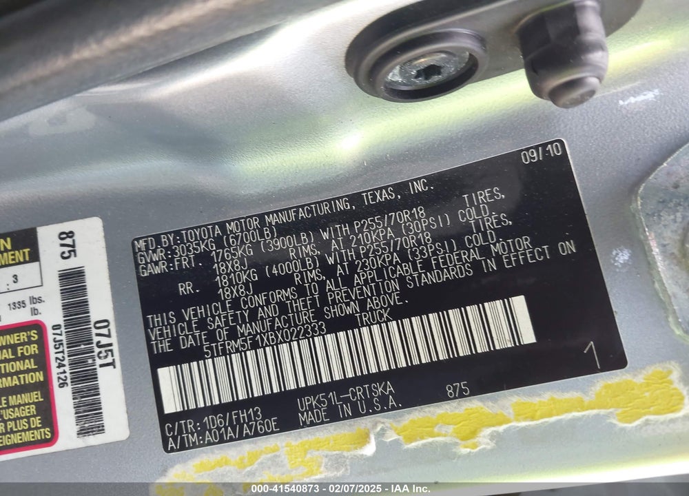 2011 TOYOTA TUNDRA GRADE 4.6L V8 VIN: 5TFRM5F1XBX022333