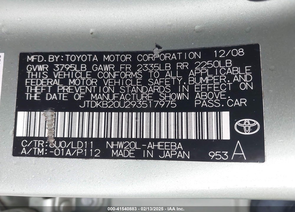 2009 TOYOTA PRIUS VIN: JTDKB20U293517975