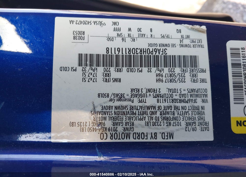 2013 FORD FUSION VIN: 3FA6P0HR3DR116118