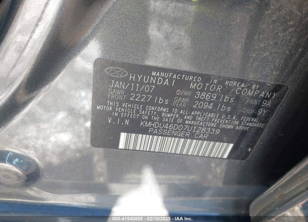2007 HYUNDAI ELANTRA GLS/LIMITED/SE VIN: KMHDU46D07U128339