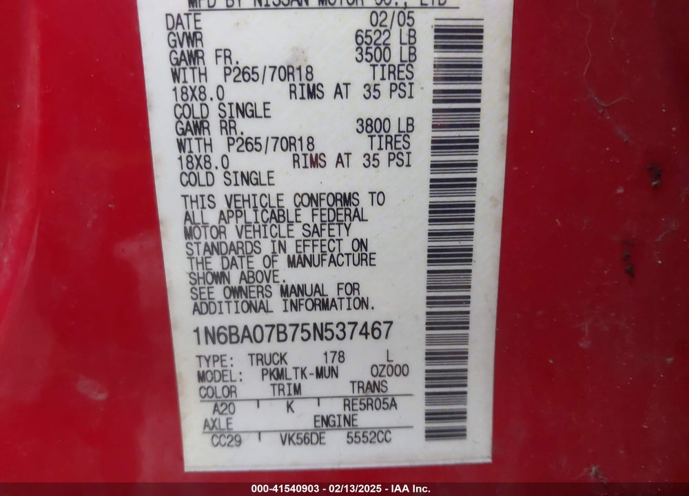 2005 NISSAN TITAN SE VIN: 1N6BA07B75N537467