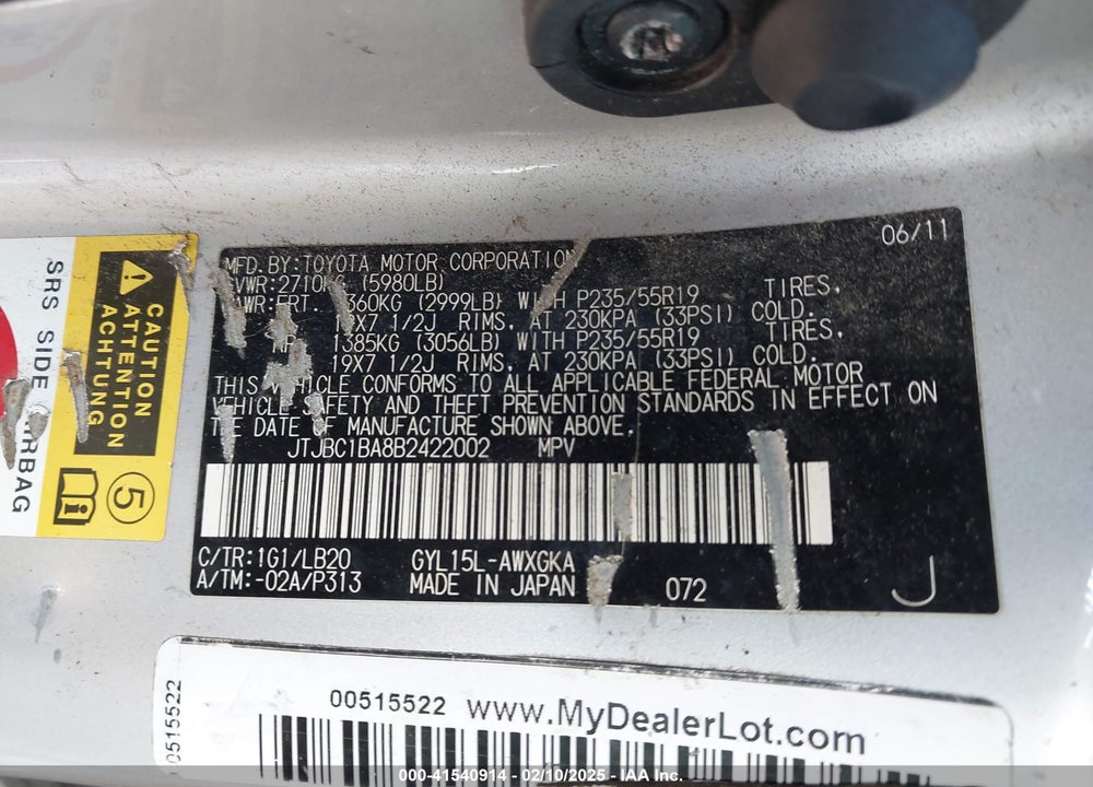 2011 LEXUS RX 450H VIN: JTJBC1BA8B2422002